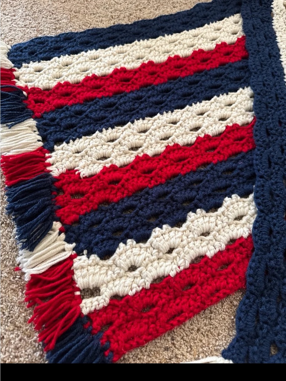 Hand Knit Crochet Red/White/Blue Blanket with tassels - Picture 10 of 12